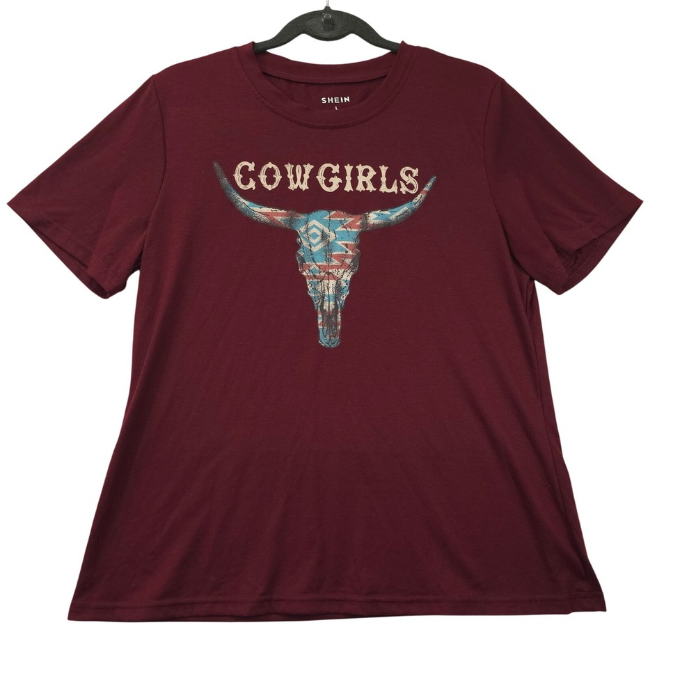 Cowgirls Graphic Tee Burgundy Western Steer Skull Shirt L Rodeo Ranch Country